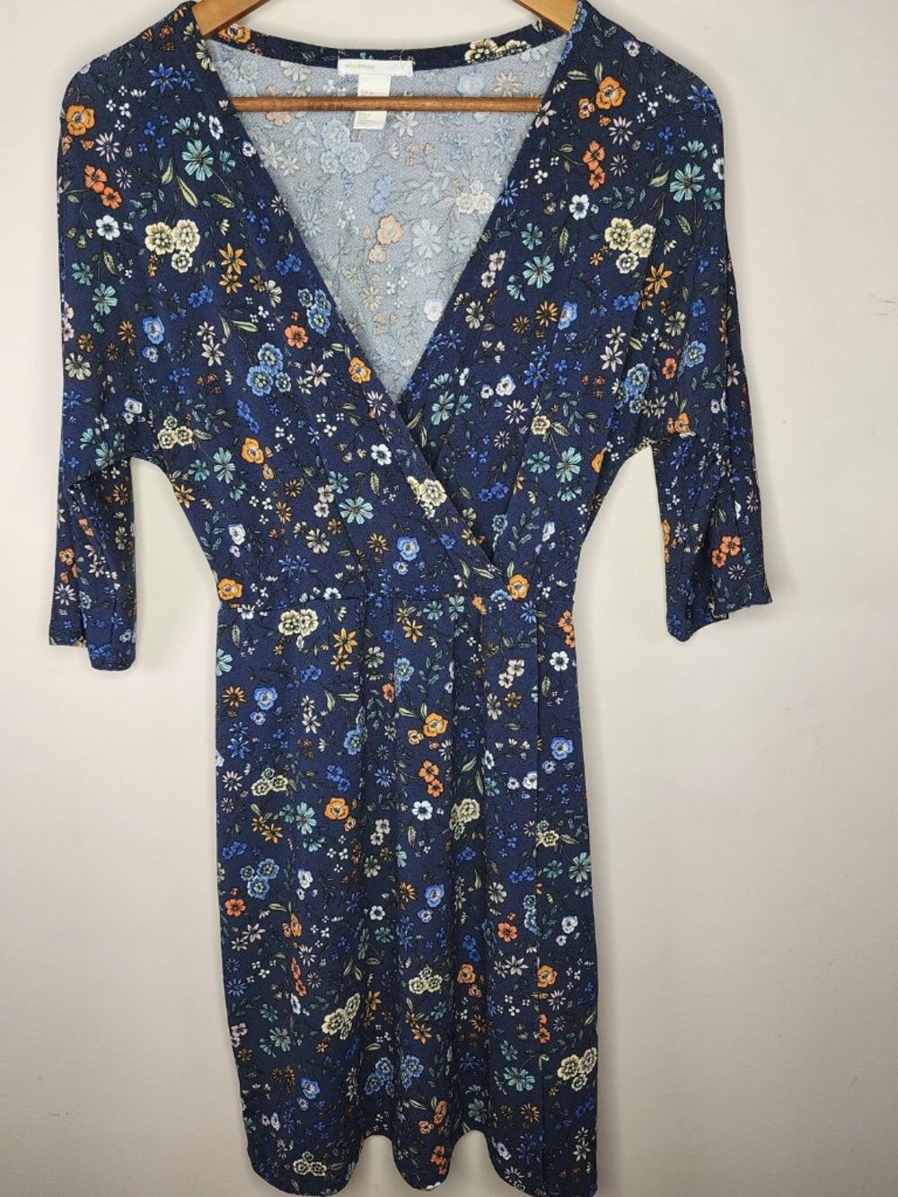 H&M Floral Faux-Wrap Dress — Navy, XS | Ditsy Floral 3/4 Sleeve Midi